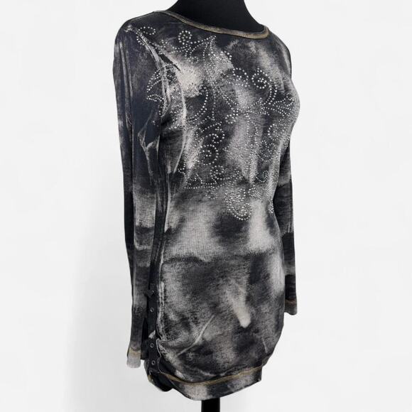 Y2K Grunge IDI by Mathew Tie Dye Rhinestone Tunic Top - Size S - Biker Rocker - Picture 3 of 8